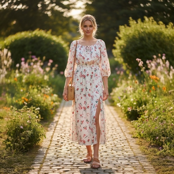 S.DEER Women’s Floral Smoked Dress Puff Sleeve Spring Summer Casual NWT - Picture 3 of 4